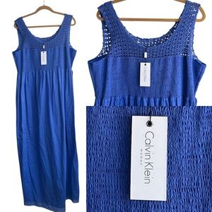 NEW CALVIN KLEIN CrochetTrim Lined MAXI DRESS Blue Size 1X 100% Cotton